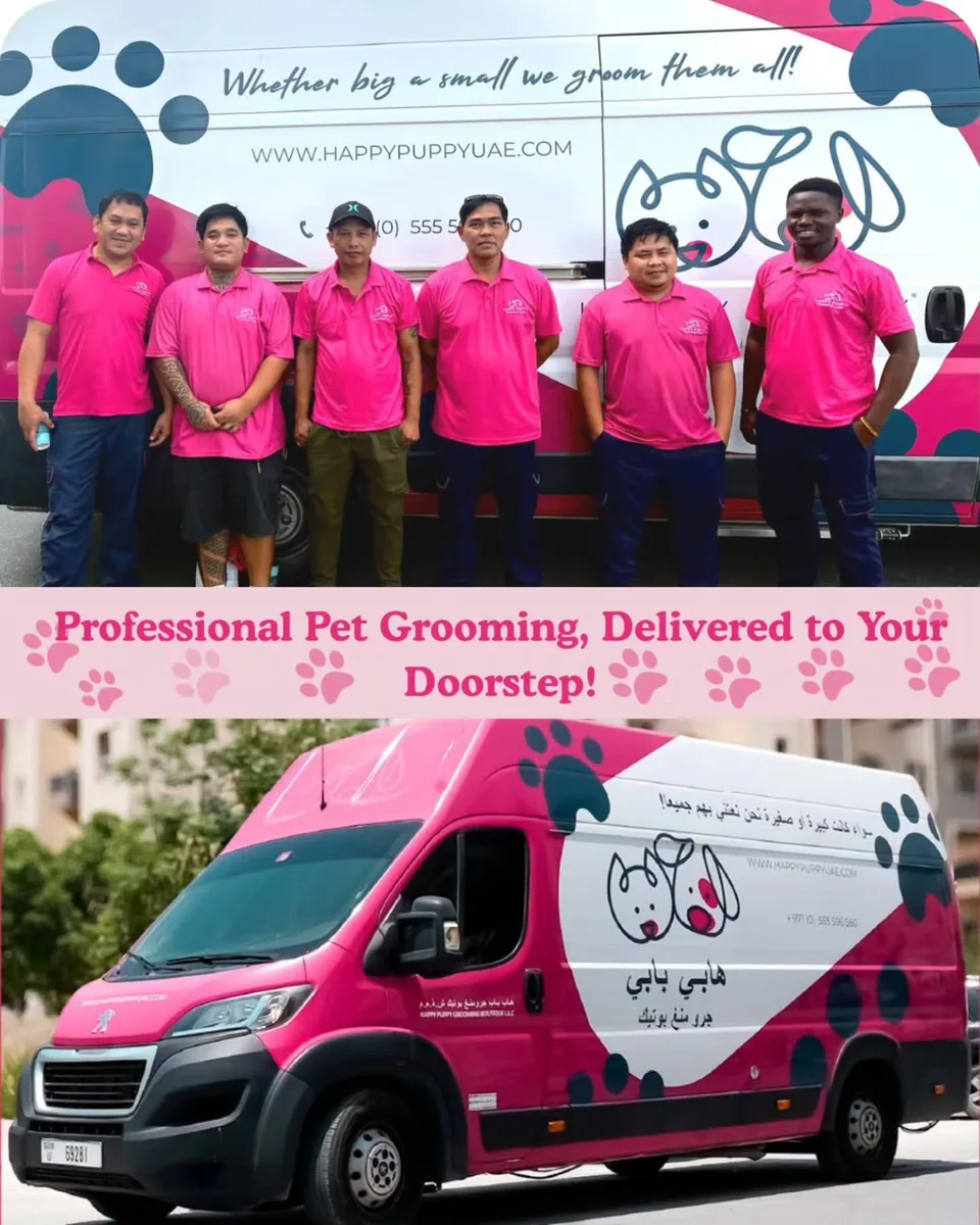 The Happy Puppy grooming team standing in front of their van in Dubai