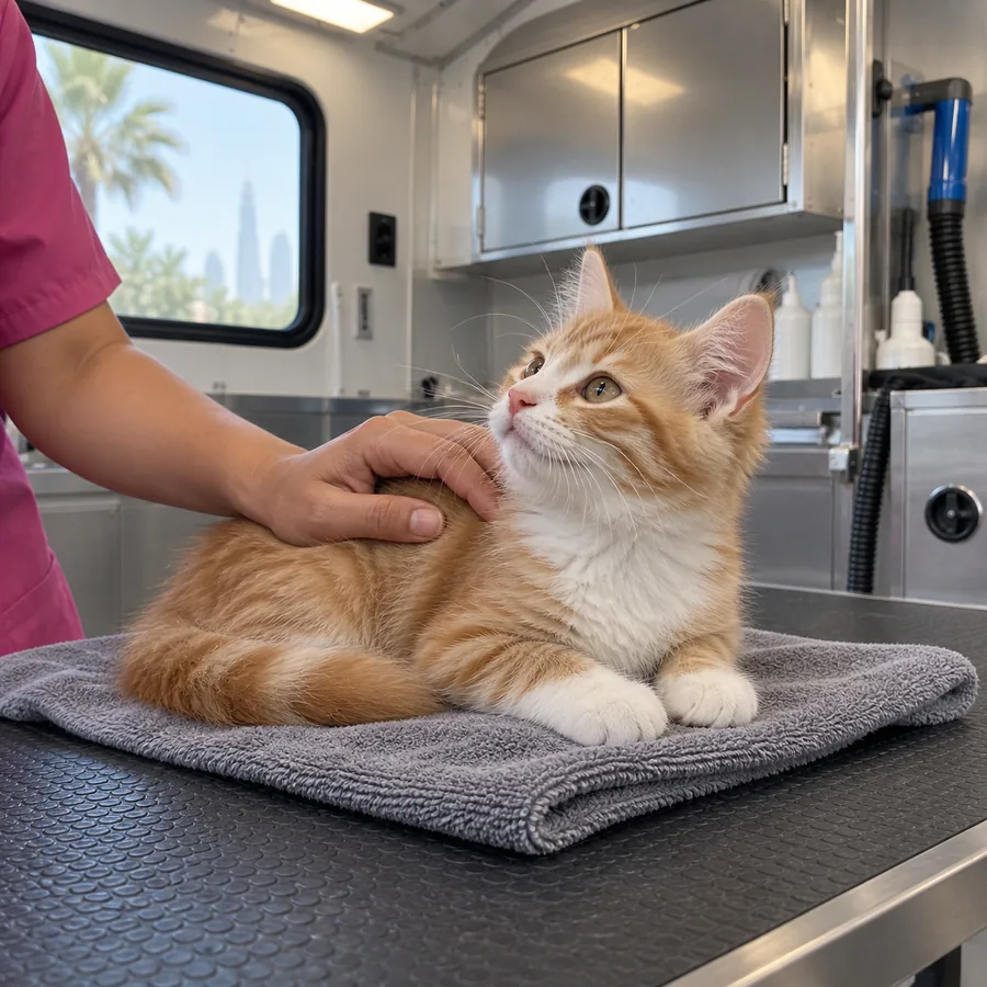 A young kitten resting on a folded towel during a break, with all grooming tools set aside